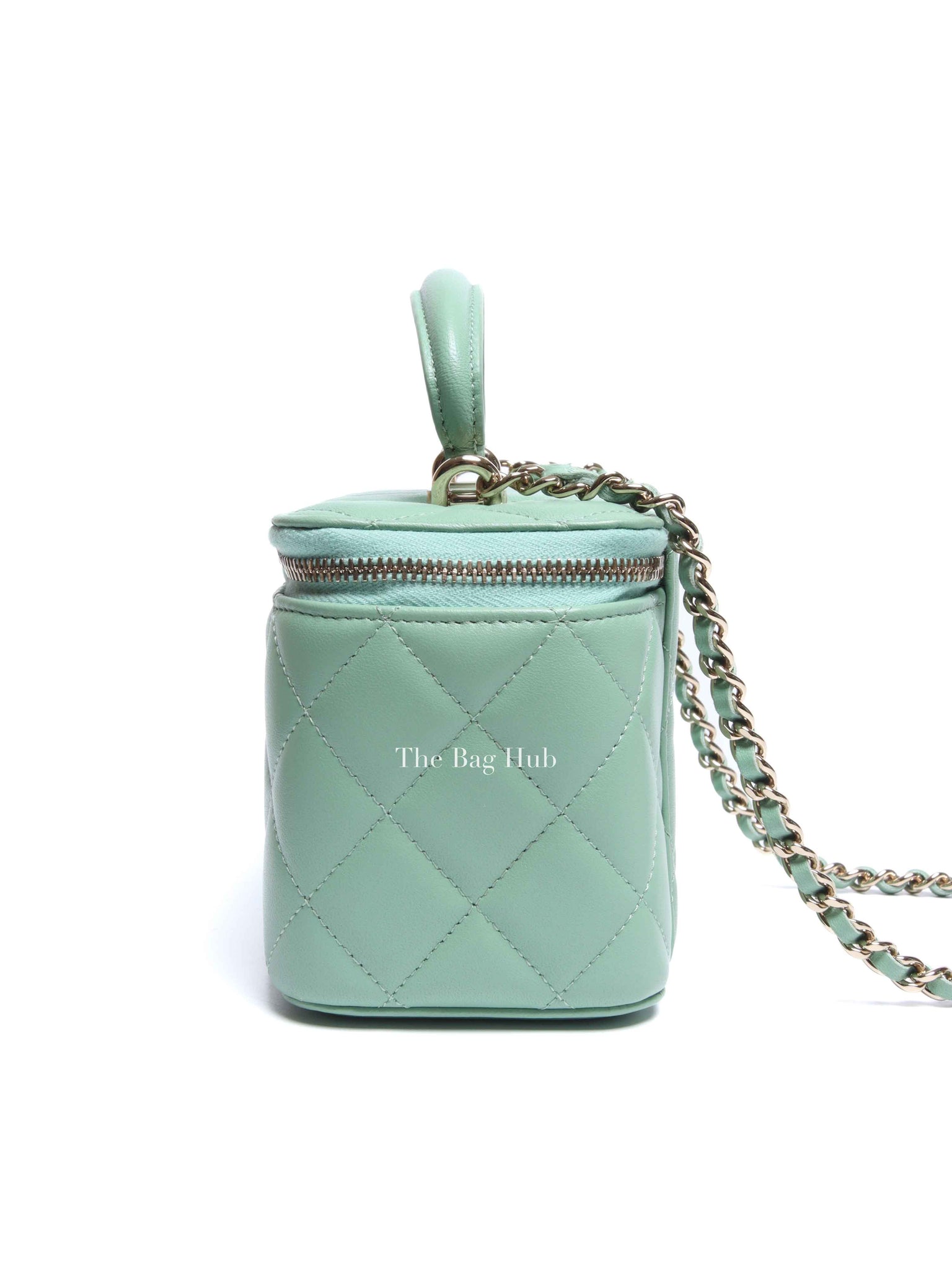 Chanel Mint Green Lambskin Quilted Small Top Handle Vanity Case With Chain GHW
