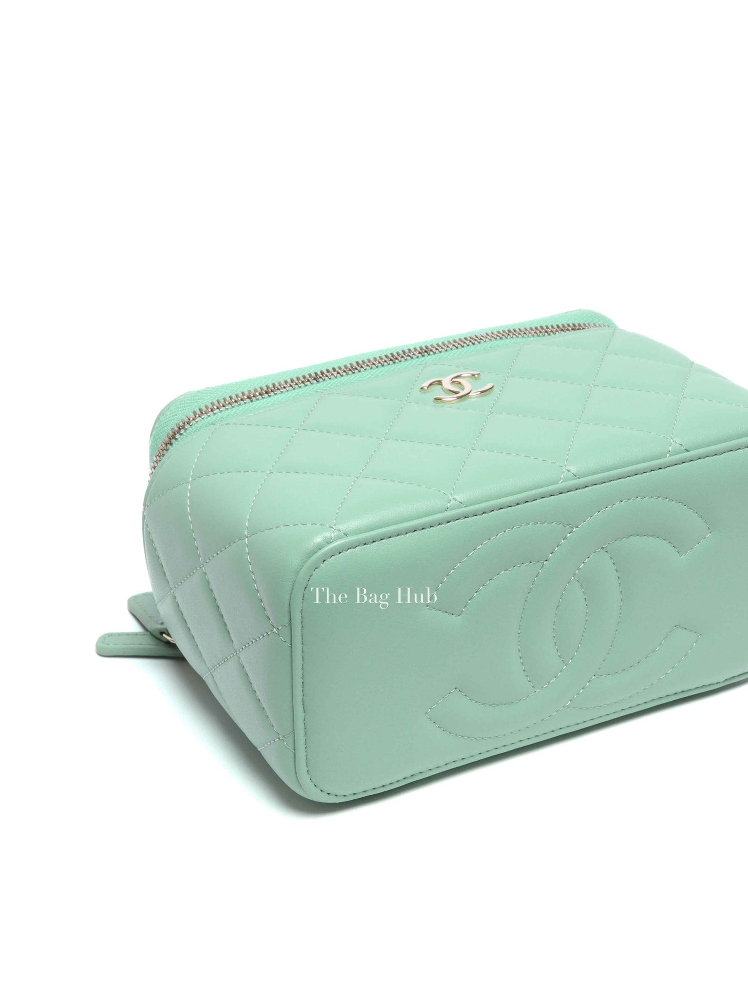Chanel Mint Green Lambskin Quilted Small Top Handle Vanity Case With Chain GHW