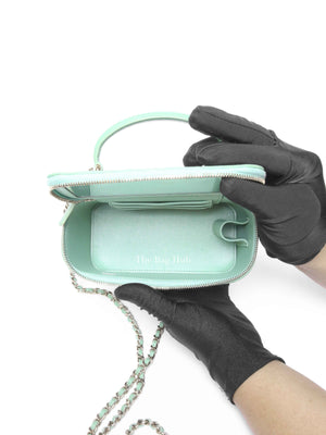 Chanel Mint Green Lambskin Quilted Small Top Handle Vanity Case With Chain GHW