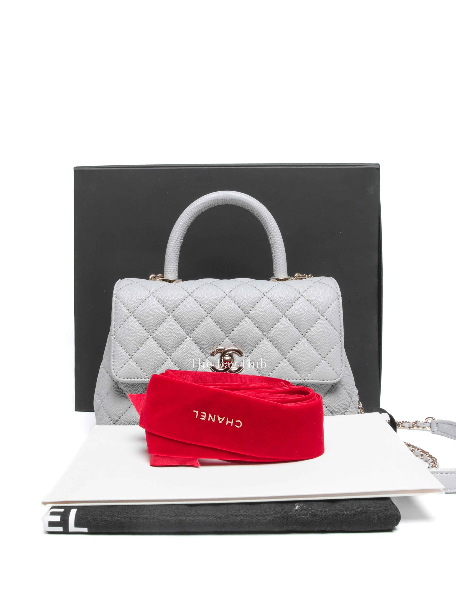 Chanel Light Gray Caviar Lizard Embossed Quilted Mini Coco Handle Flap Bag GHW