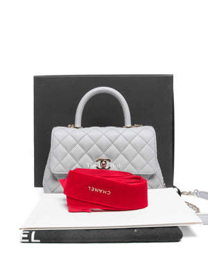 Chanel Light Gray Caviar Lizard Embossed Quilted Mini Coco Handle Flap Bag GHW
