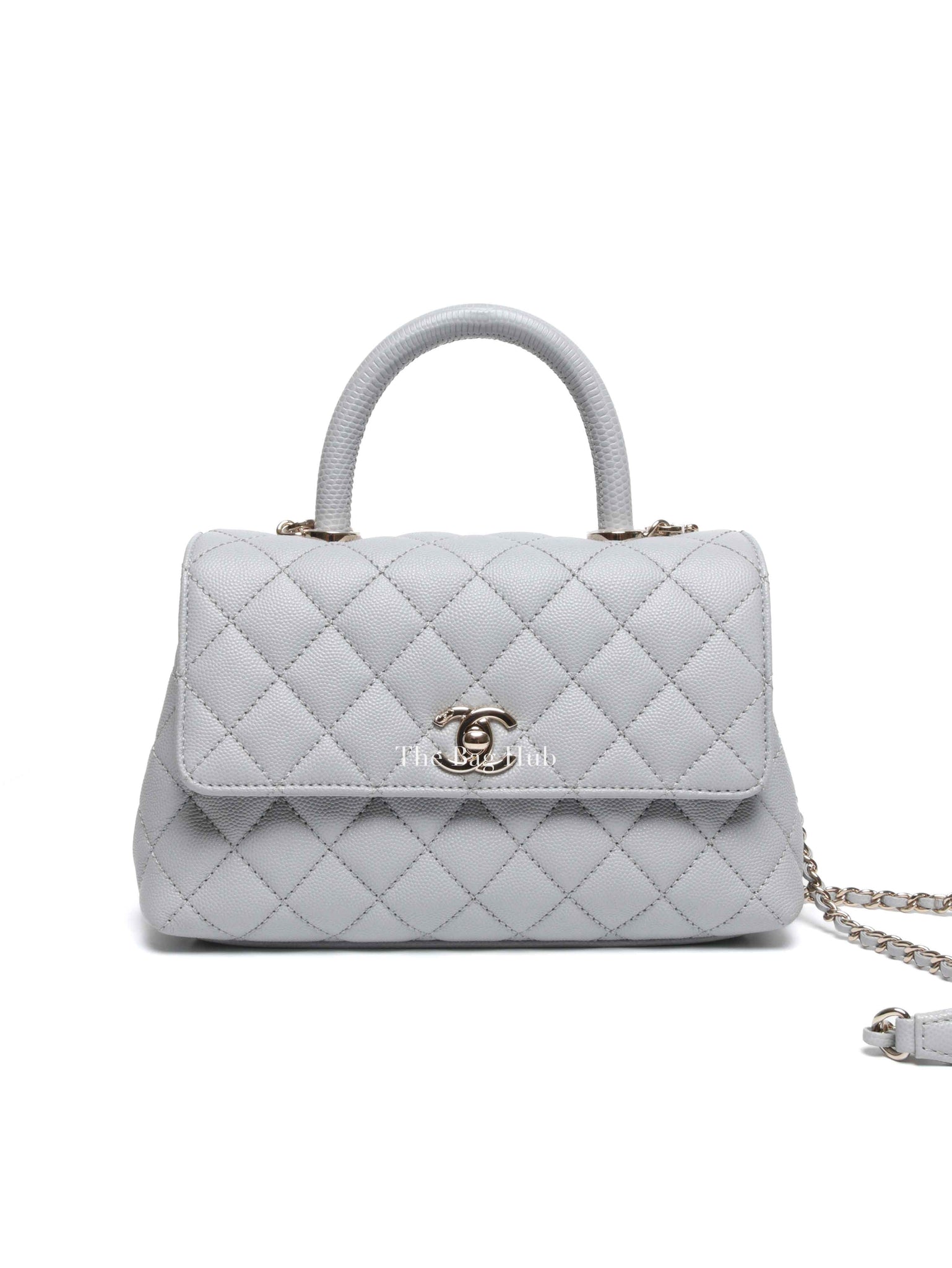 Chanel Light Gray Caviar Lizard Embossed Quilted Mini Coco Handle Flap Bag GHW