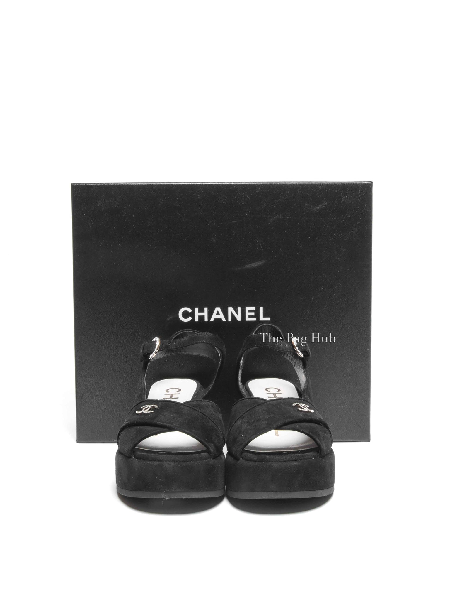 Chanel Black Suede Calfskin Peep Toe Wedge Sandals Size 36.5