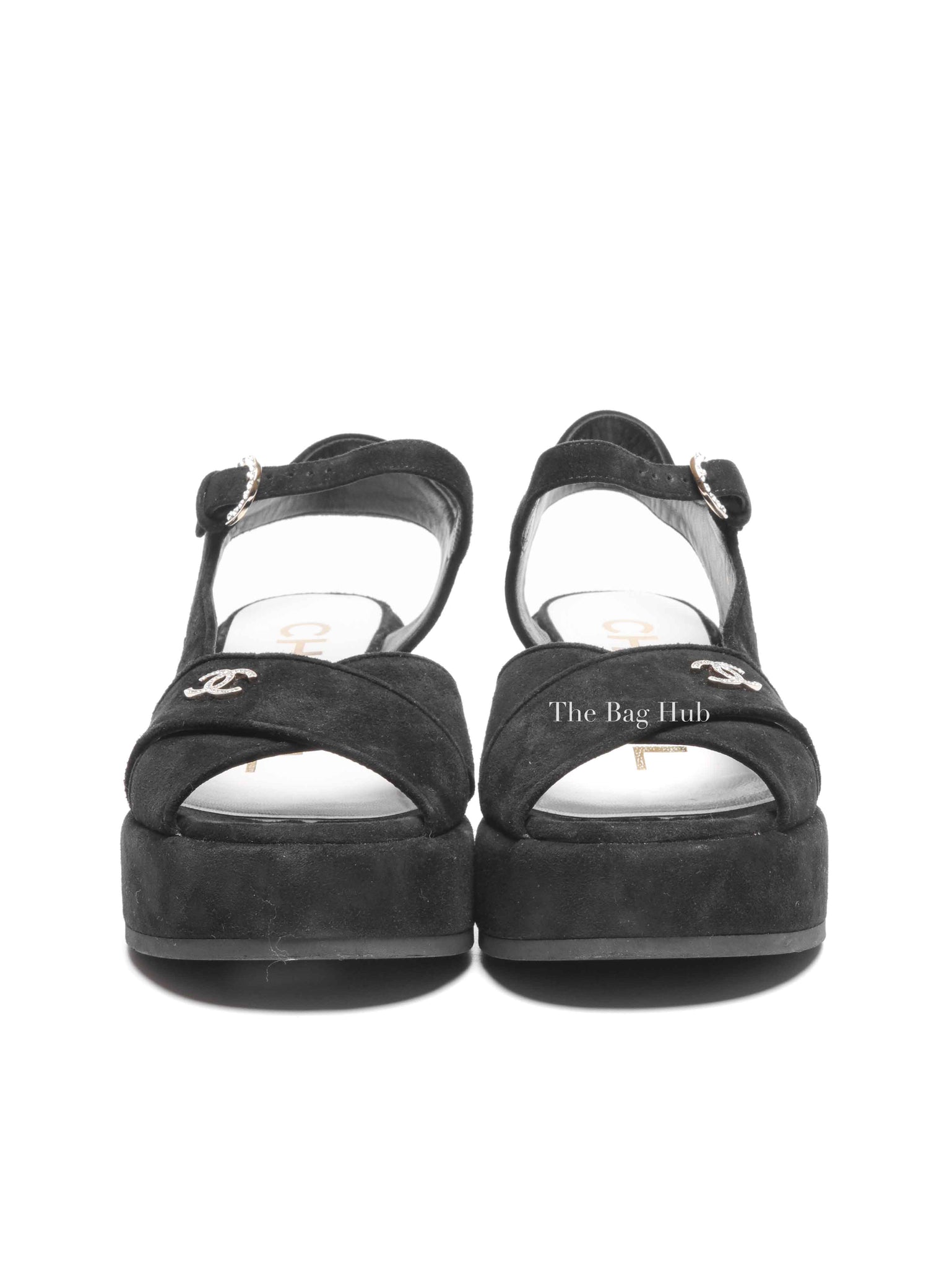 Chanel Black Suede Calfskin Peep Toe Wedge Sandals Size 36.5