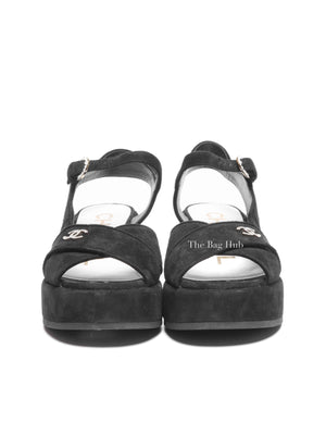 Chanel Black Suede Calfskin Peep Toe Wedge Sandals Size 36.5