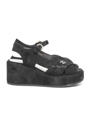 Chanel Black Suede Calfskin Peep Toe Wedge Sandals Size 36.5
