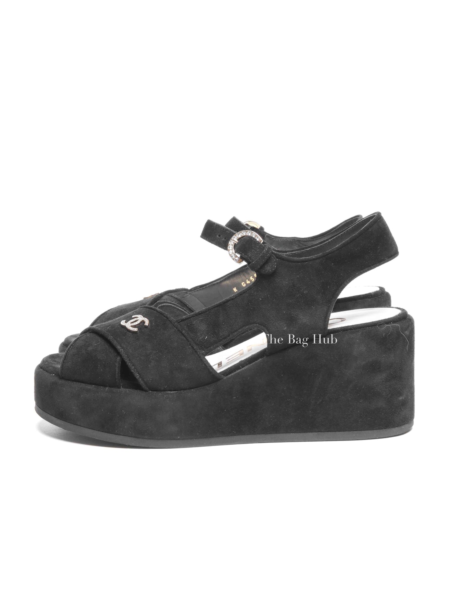 Chanel Black Suede Calfskin Peep Toe Wedge Sandals Size 36.5