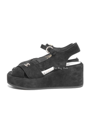 Chanel Black Suede Calfskin Peep Toe Wedge Sandals Size 36.5