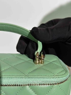 Chanel Mint Green Lambskin Quilted Small Top Handle Vanity Case With Chain GHW