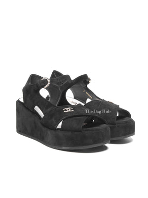 Chanel Black Suede Calfskin Peep Toe Wedge Sandals Size 36.5