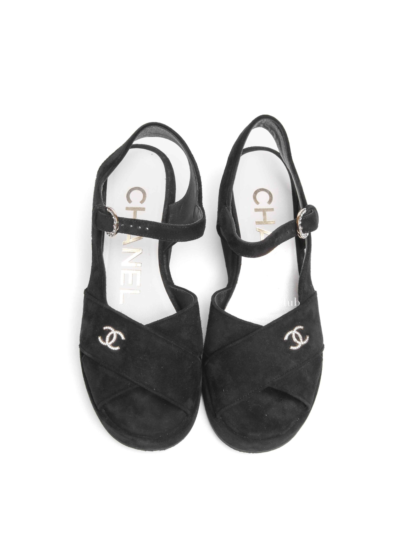 Chanel Black Suede Calfskin Peep Toe Wedge Sandals Size 36.5