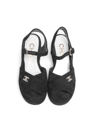 Chanel Black Suede Calfskin Peep Toe Wedge Sandals Size 36.5
