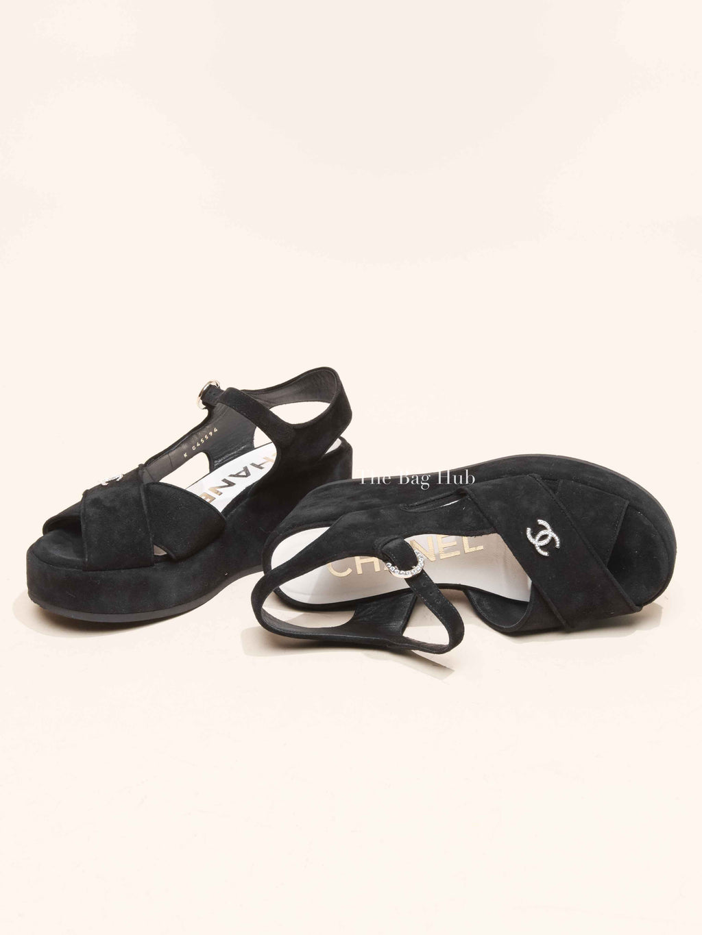 Chanel Black Suede Calfskin Peep Toe Wedge Sandals Size 36.5