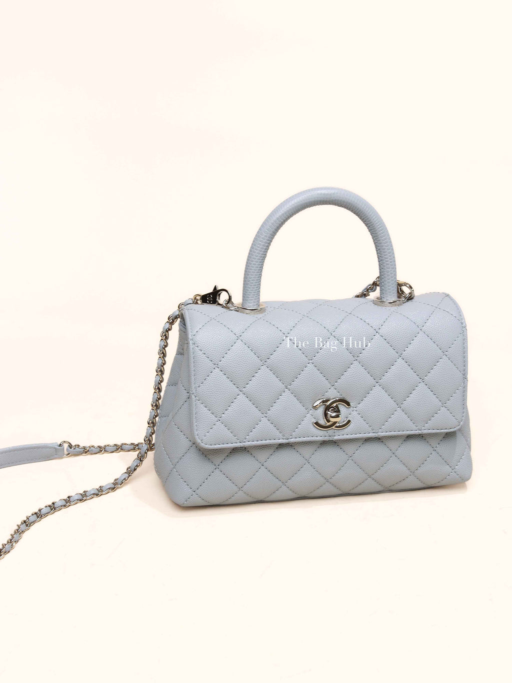 Chanel Light Gray Caviar Lizard Embossed Quilted Mini Coco Handle Flap Bag GHW