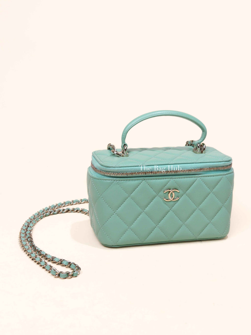 Chanel Mint Green Lambskin Quilted Small Top Handle Vanity Case With Chain GHW