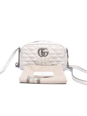 Gucci White Calfskin Matelasse Aria GG Marmont Small Chain Shoulder Bag SHW