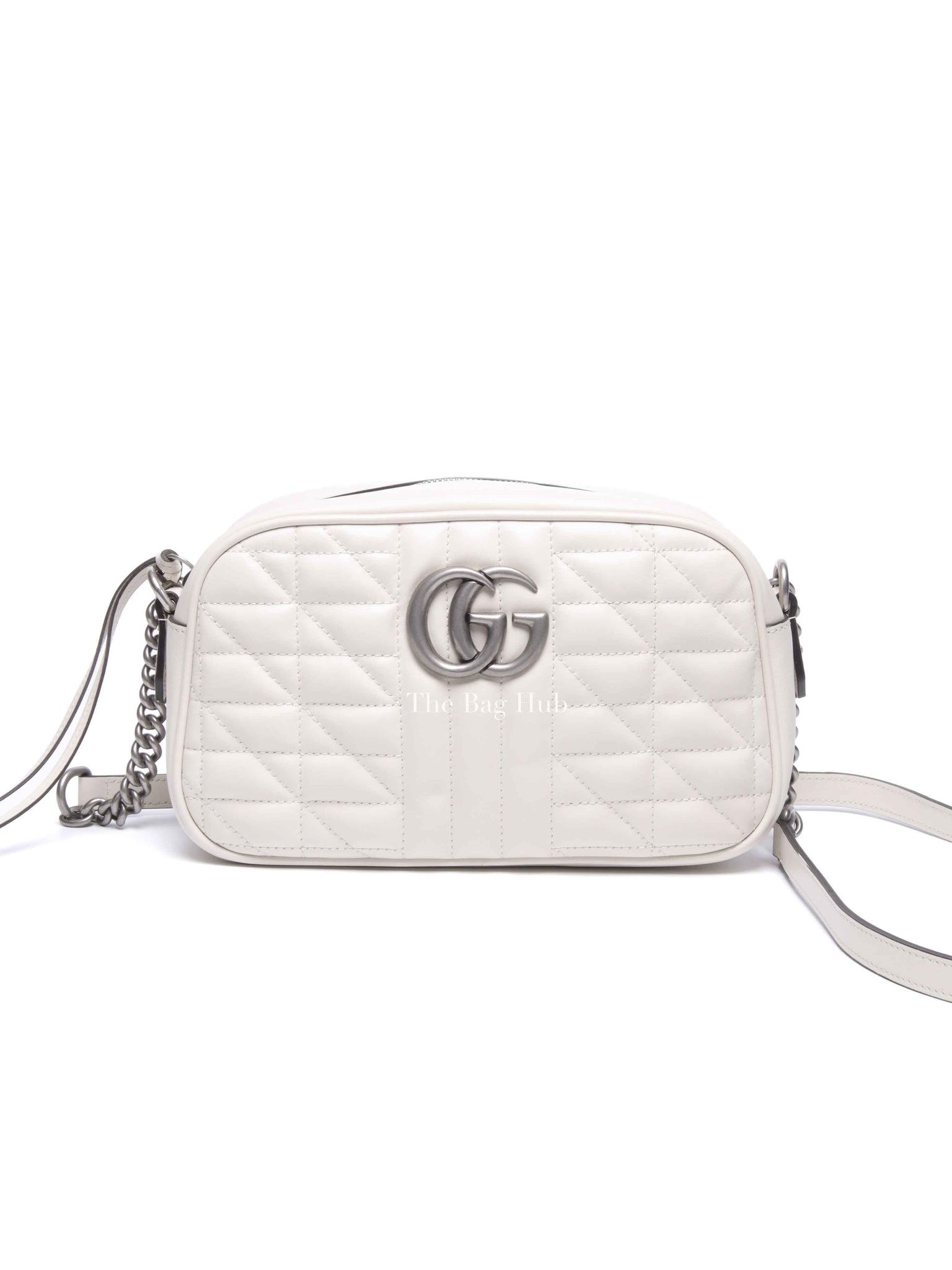 Gucci White Calfskin Matelasse Aria GG Marmont Small Chain Shoulder Bag SHW