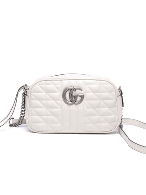 Gucci White Calfskin Matelasse Aria GG Marmont Small Chain Shoulder Bag SHW