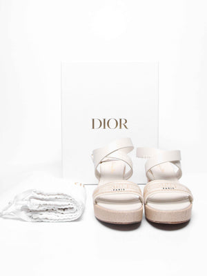 Dior White/Beige Leather/Natural Raffia Dway Block Heel Ankle Strap Sandals Size 39