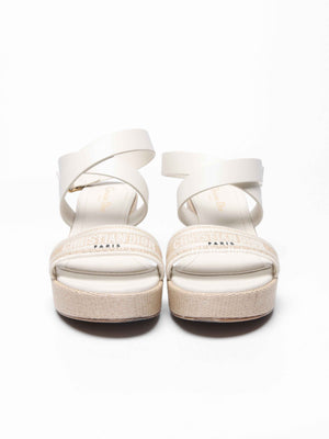 Dior White/Beige Leather/Natural Raffia Dway Block Heel Ankle Strap Sandals Size 39