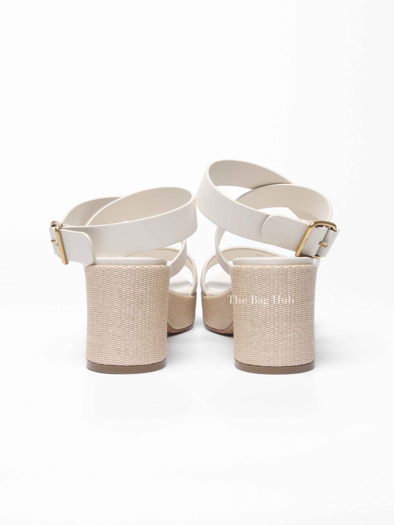 Dior White/Beige Leather/Natural Raffia Dway Block Heel Ankle Strap Sandals Size 39