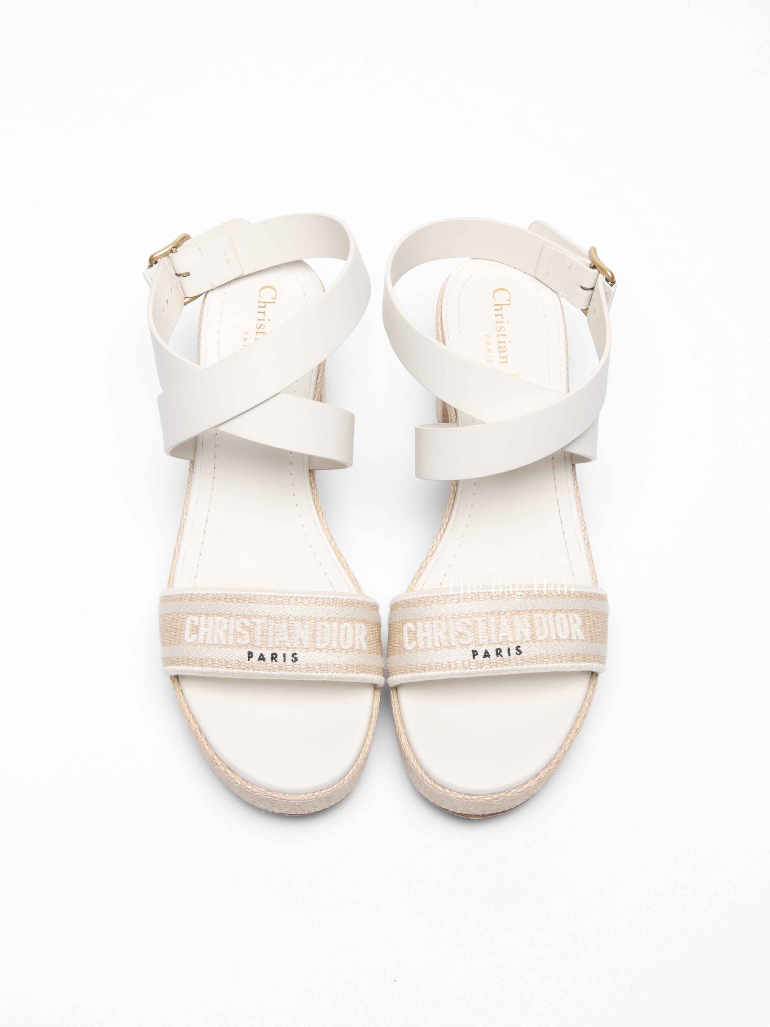 Dior White/Beige Leather/Natural Raffia Dway Block Heel Ankle Strap Sandals Size 39