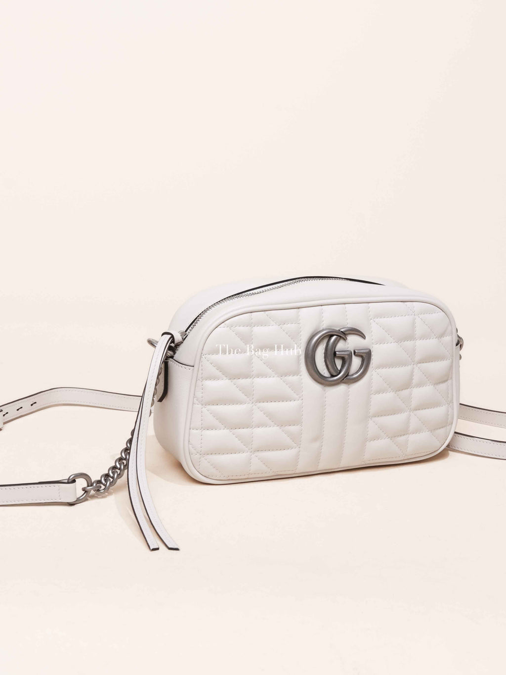 Gucci White Calfskin Matelasse Aria GG Marmont Small Chain Shoulder Bag SHW