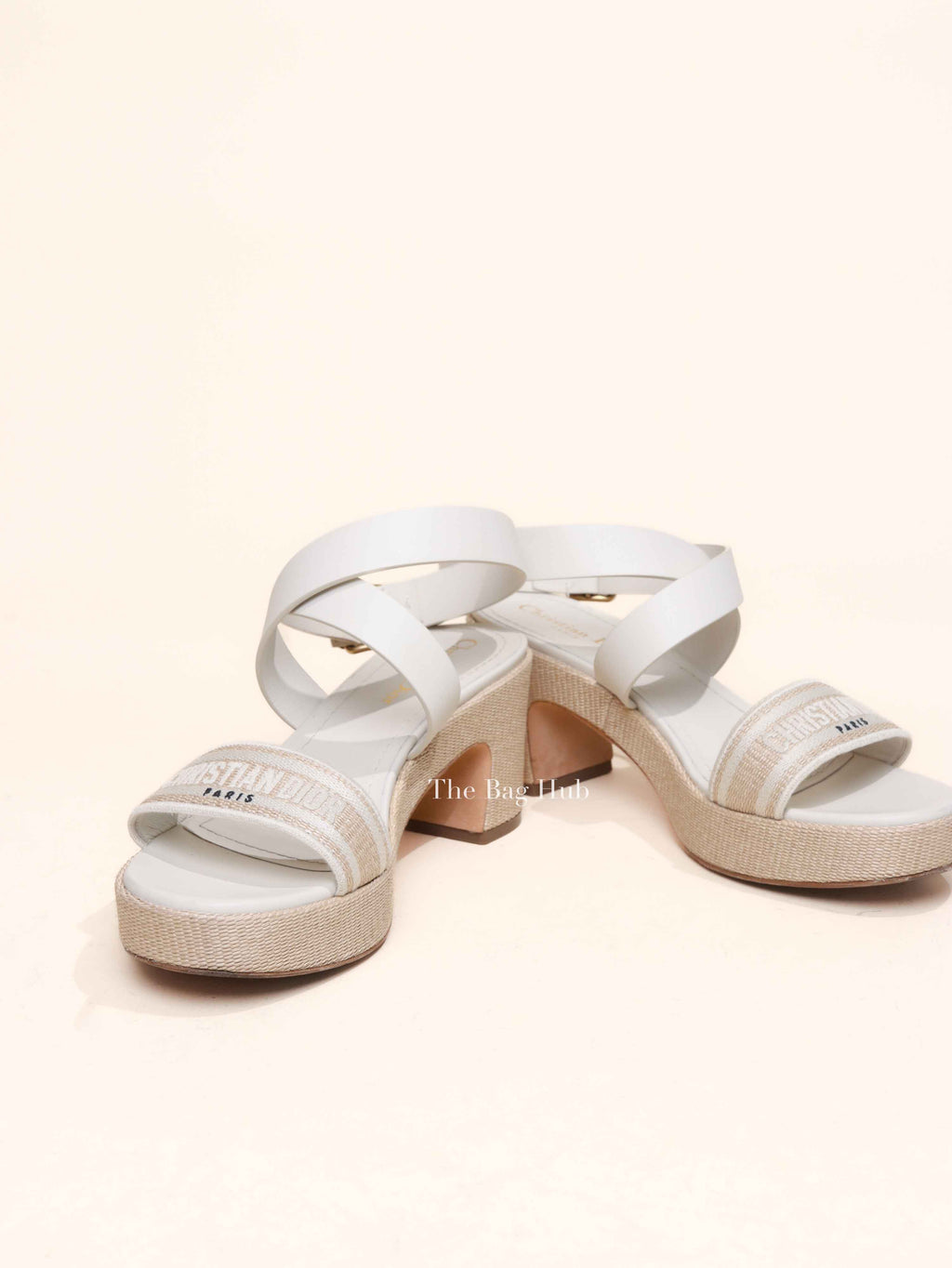 Dior White/Beige Leather/Natural Raffia Dway Block Heel Ankle Strap Sandals Size 39