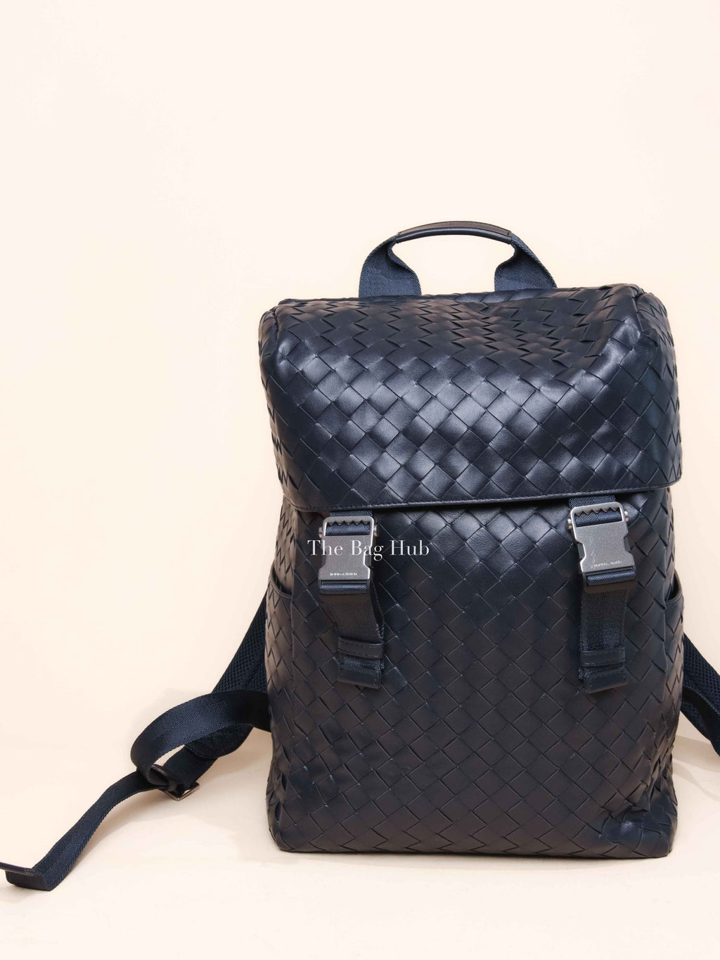 Bottega Veneta Navy Blue Intercciato Leather Buckle Backpack