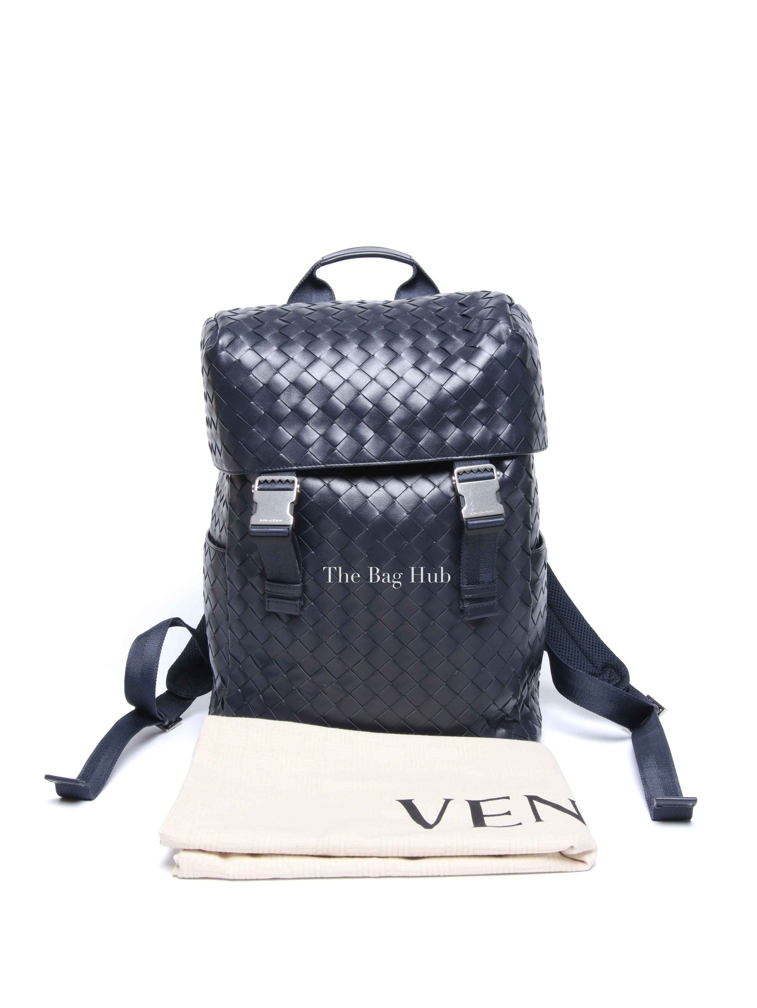 Bottega Veneta Navy Blue Intercciato Leather Buckle Backpack