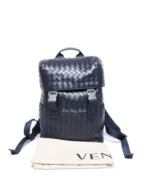 Bottega Veneta Navy Blue Intercciato Leather Buckle Backpack