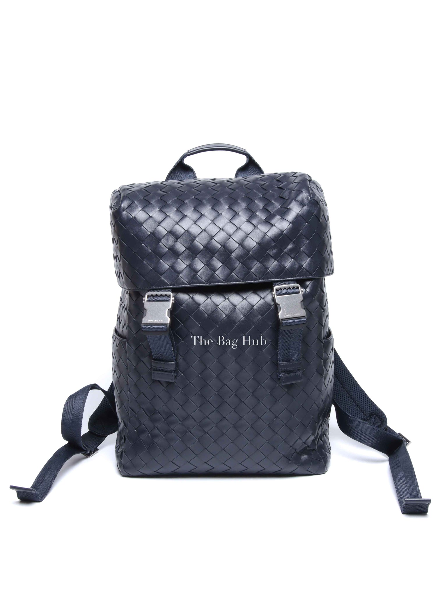 Bottega Veneta Navy Blue Intercciato Leather Buckle Backpack