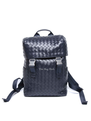 Bottega Veneta Navy Blue Intercciato Leather Buckle Backpack