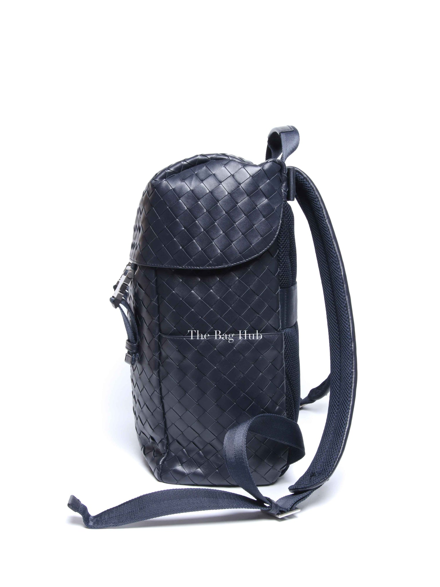 Bottega Veneta Navy Blue Intercciato Leather Buckle Backpack