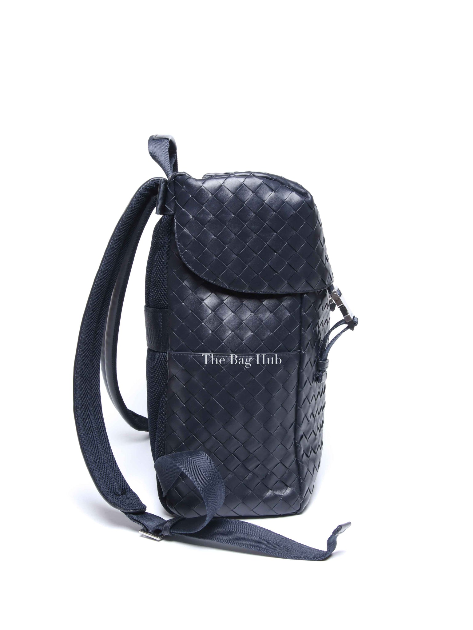 Bottega Veneta Navy Blue Intercciato Leather Buckle Backpack