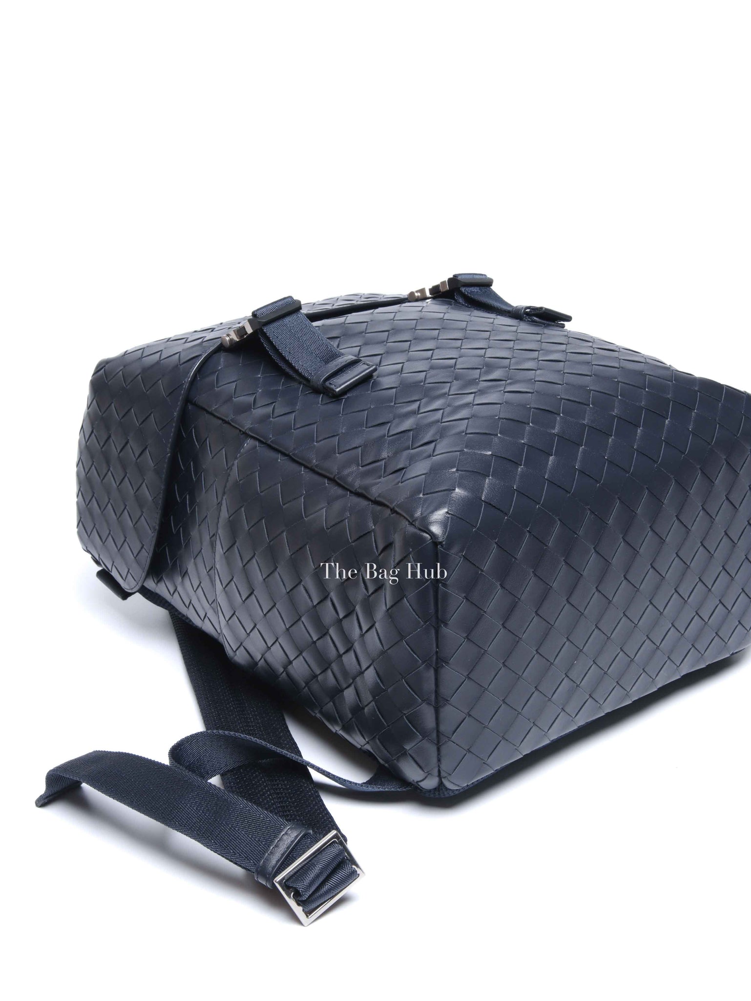Bottega Veneta Navy Blue Intercciato Leather Buckle Backpack