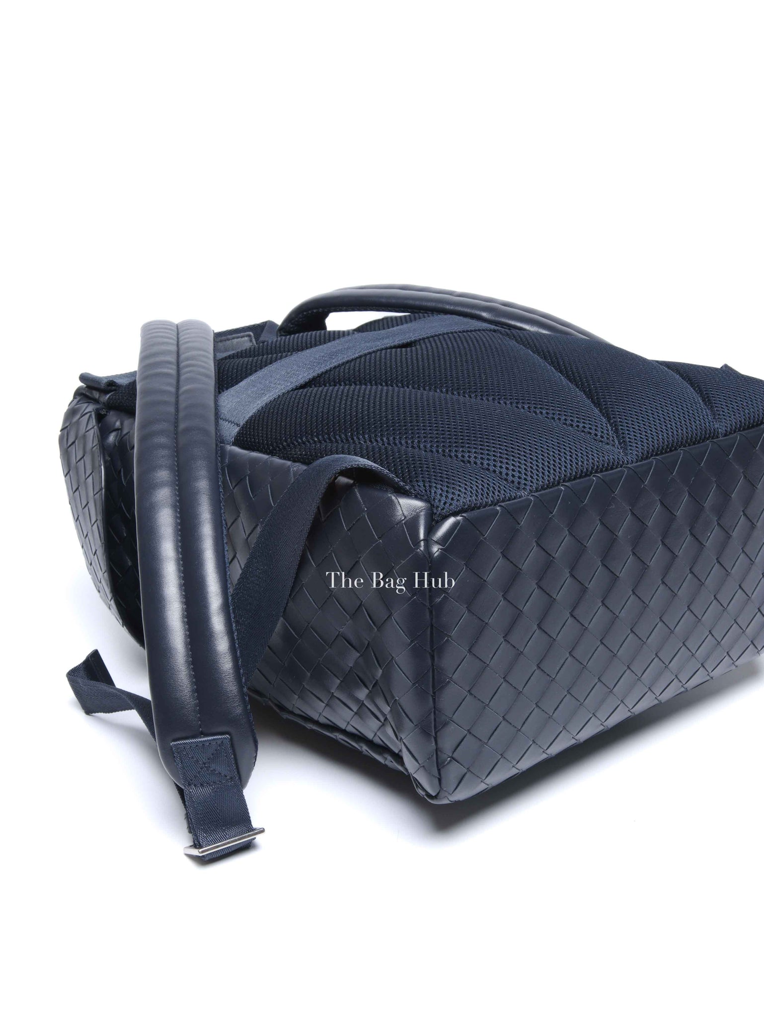 Bottega Veneta Navy Blue Intercciato Leather Buckle Backpack