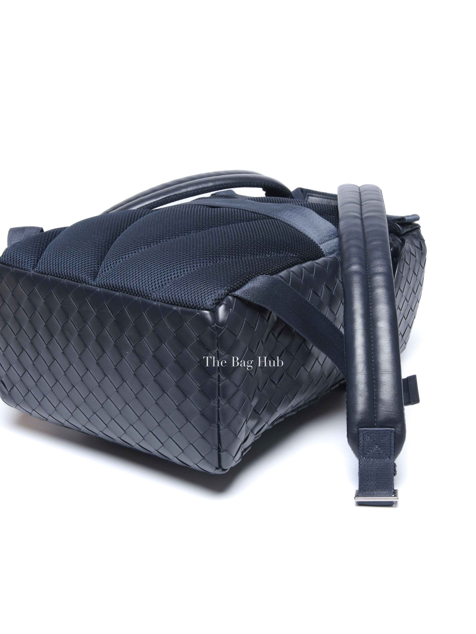 Bottega Veneta Navy Blue Intercciato Leather Buckle Backpack