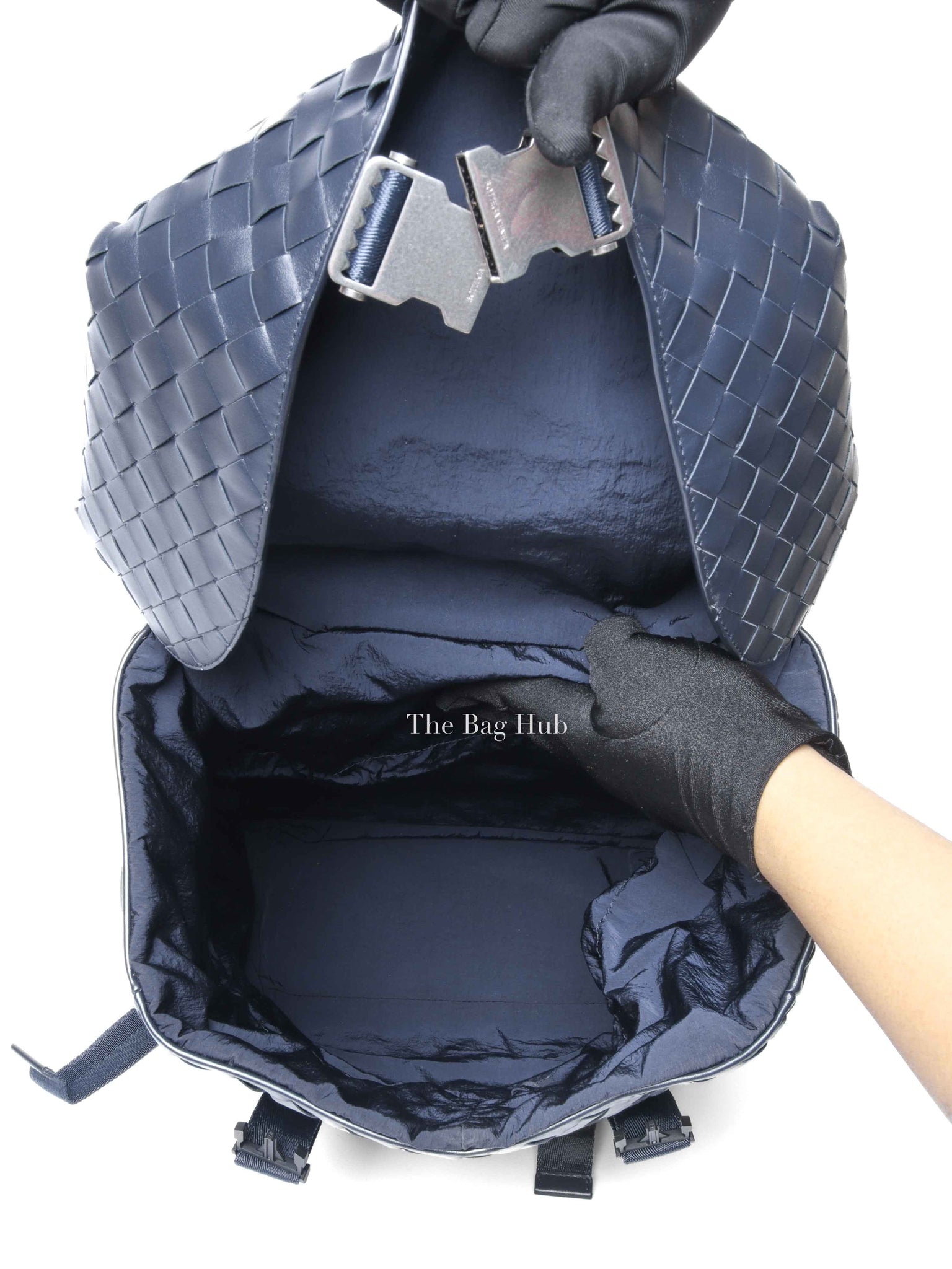Bottega Veneta Navy Blue Intercciato Leather Buckle Backpack