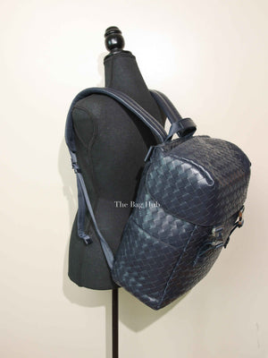 Bottega Veneta Navy Blue Intercciato Leather Buckle Backpack