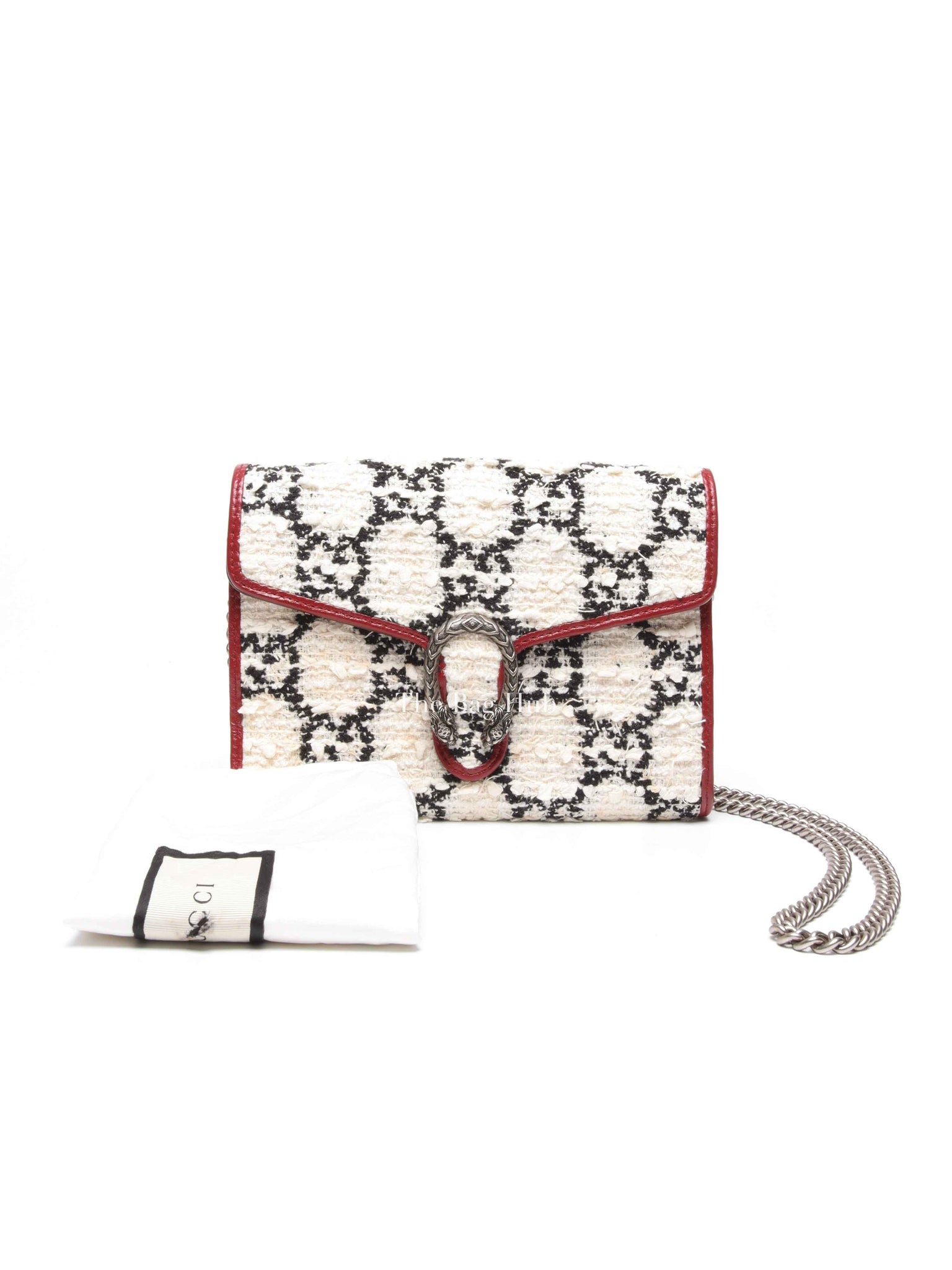 Gucci White Black Romantic Cherry Tweed GG Monogram Mini Dionysus Chain Wallet