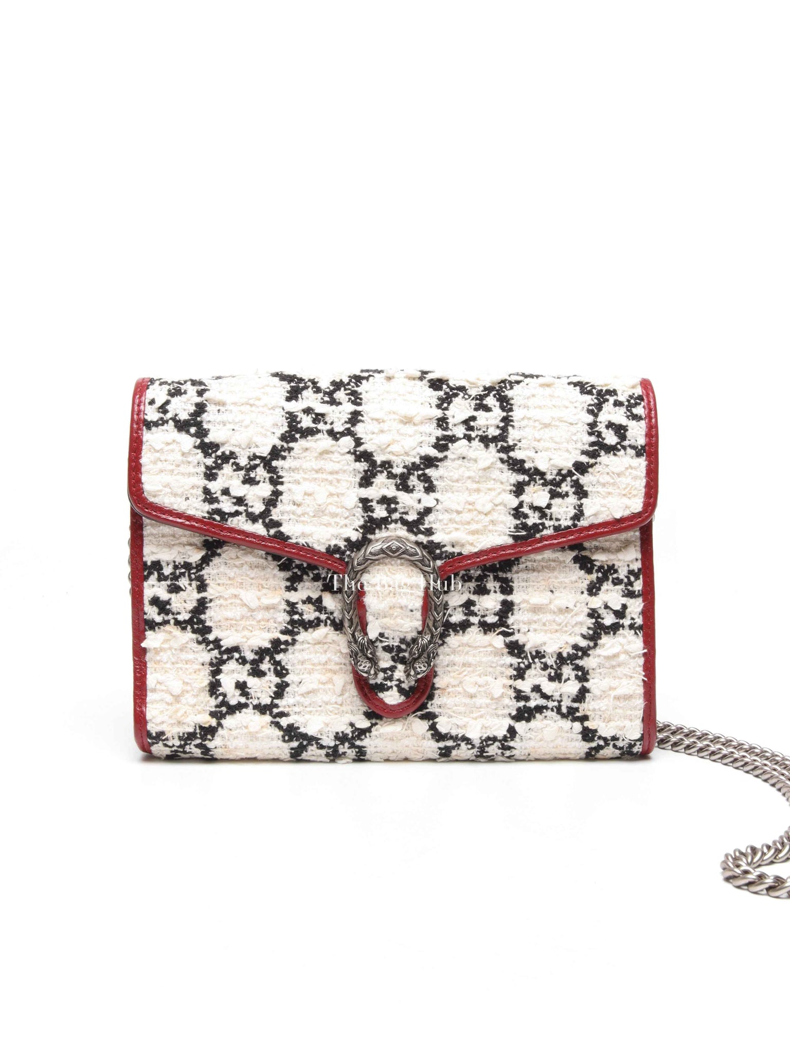 Gucci White Black Romantic Cherry Tweed GG Monogram Mini Dionysus Chain Wallet