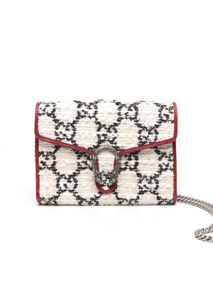 Gucci White Black Romantic Cherry Tweed GG Monogram Mini Dionysus Chain Wallet