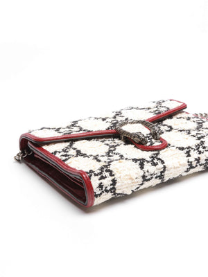 Gucci White Black Romantic Cherry Tweed GG Monogram Mini Dionysus Chain Wallet