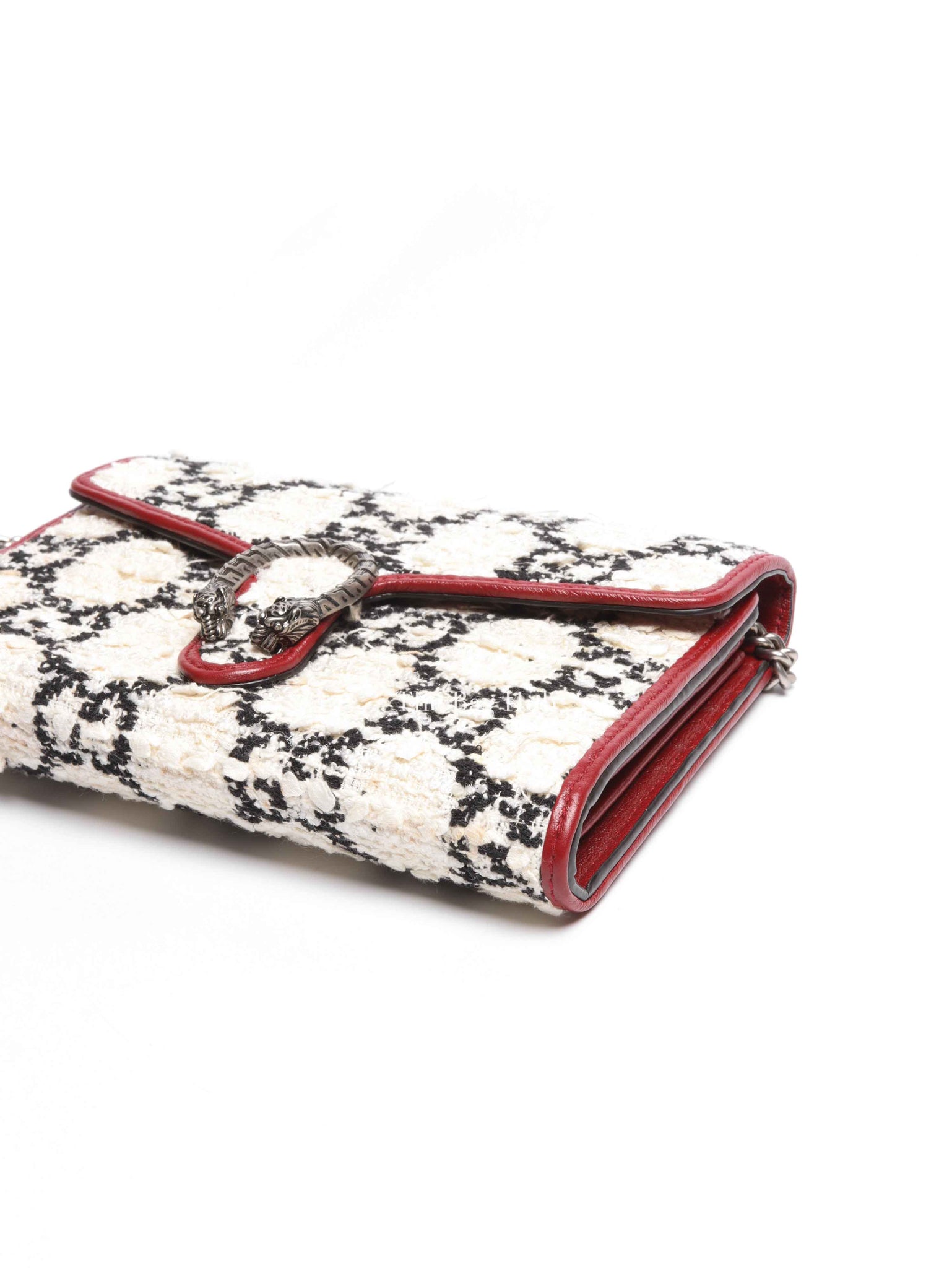 Gucci White Black Romantic Cherry Tweed GG Monogram Mini Dionysus Chain Wallet