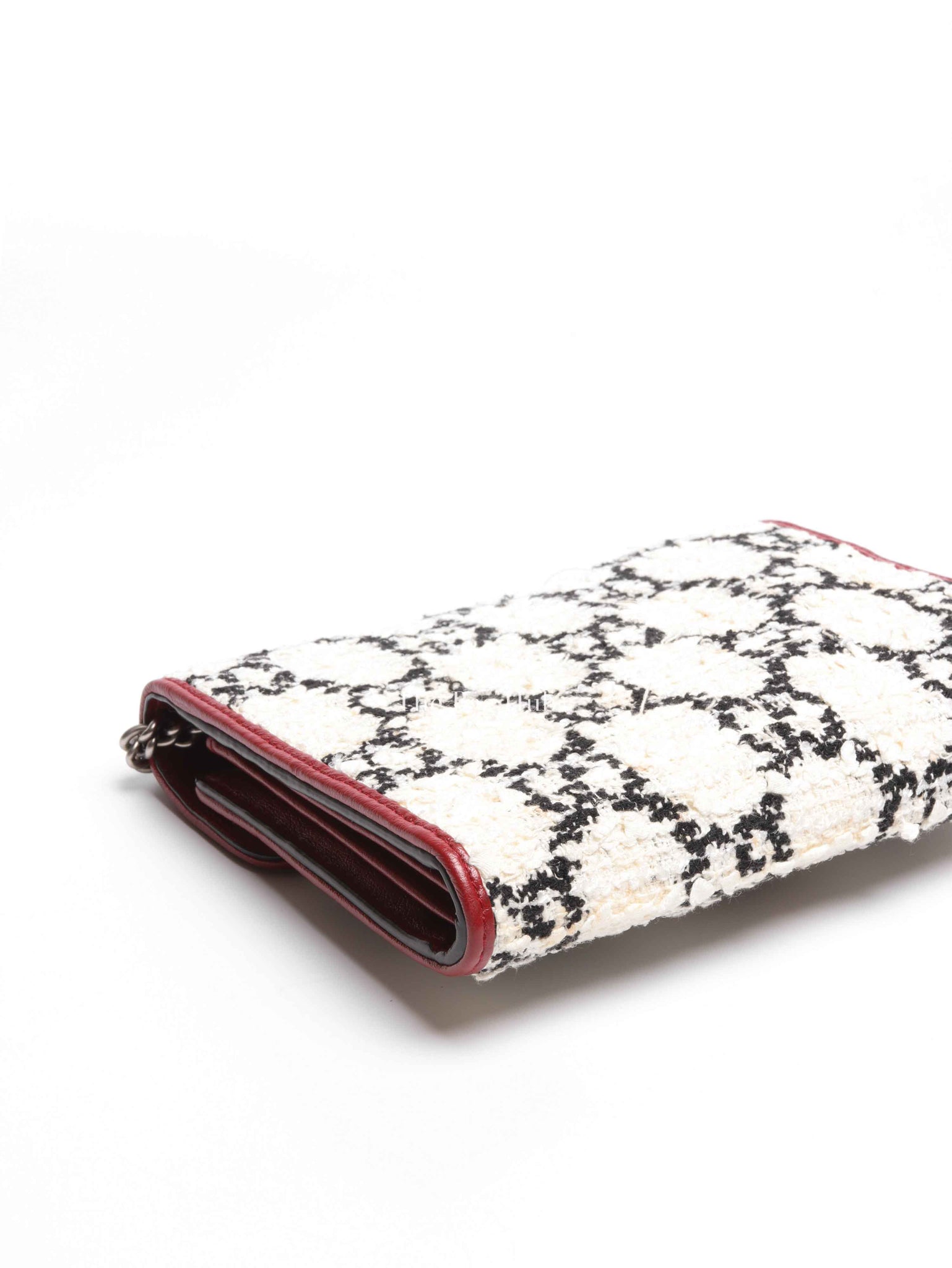 Gucci White Black Romantic Cherry Tweed GG Monogram Mini Dionysus Chain Wallet