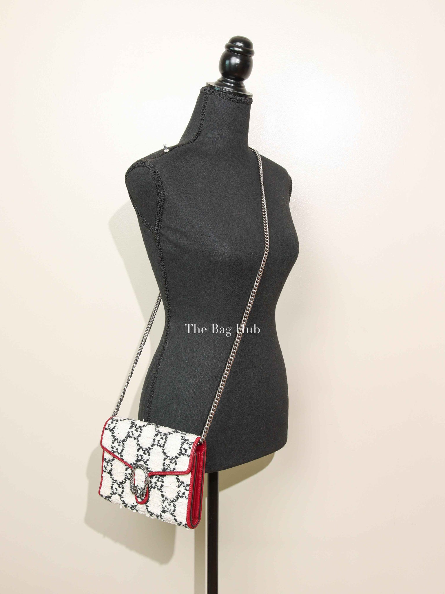 Gucci White Black Romantic Cherry Tweed GG Monogram Mini Dionysus Chain Wallet