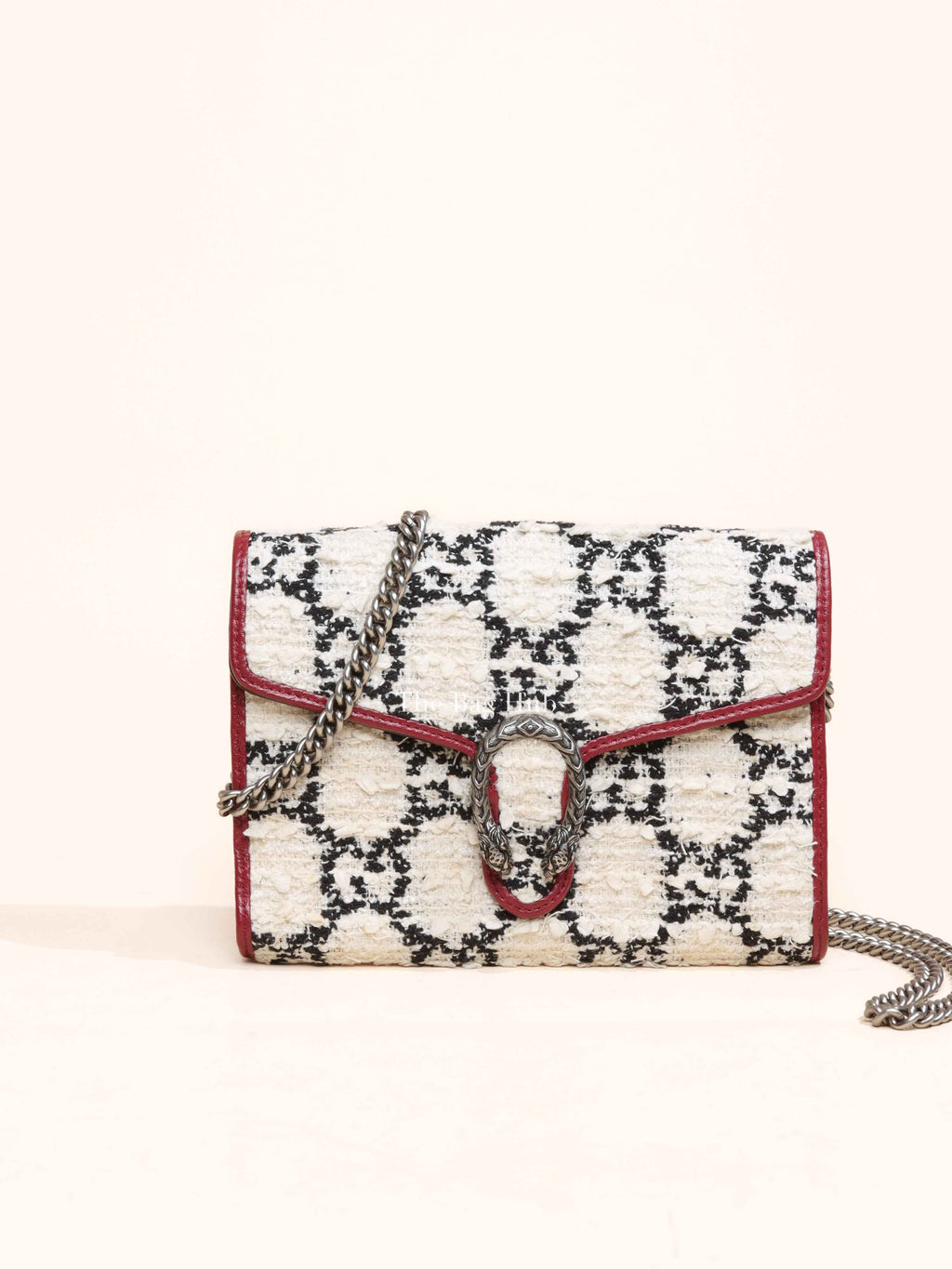 Gucci White Black Romantic Cherry Tweed GG Monogram Mini Dionysus Chain Wallet