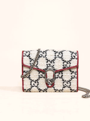 Gucci White Black Romantic Cherry Tweed GG Monogram Mini Dionysus Chain Wallet
