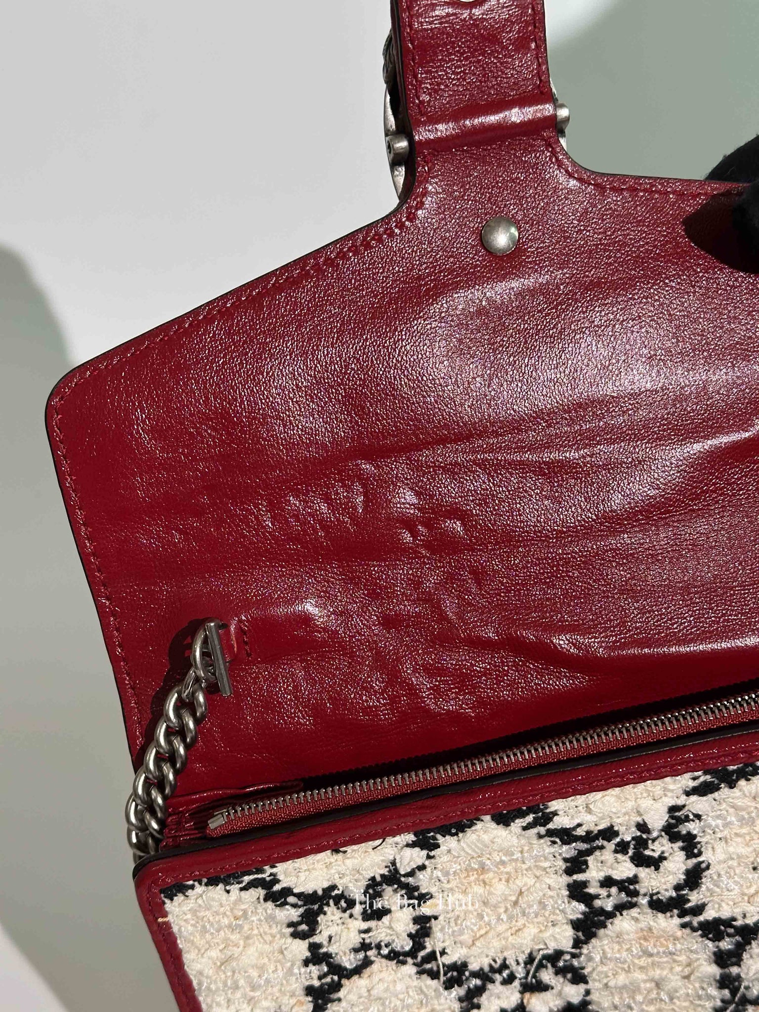 Gucci White Black Romantic Cherry Tweed GG Monogram Mini Dionysus Chain Wallet